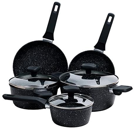 La Moustache - Batería de Cocina de 8 Piezas Antiadherentes, Aluminio con Capas de Titanio, 3 Ollas con 3 Tapas de Vidrio Templado y 2 Sartenes para Todas las Cocinas, Incluso Inducción (Onix)