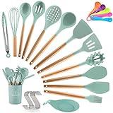 Utensilios Cocina de Silicona,Antiadherente con Mango de Madera,Resistentes Al Calor,14 Piezas,espátula,cuchara,cucharón,5 cucharas de medir y ganchos