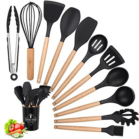 Utensilios de cocina de silicona madera, 12 unids accesorio de cocina, set sin BPA, antiadherente, antiarañazos y resistente al calor, herramienta de cocina antiadherente para