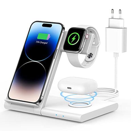 WATOE 3 en 1 Cargador inalámbrico, Wireless Charger Rápido Soporte De Carga Inalámbrico para iPhone 15/14/13/12/11/Pro/Max/XS/XR/X/8/Plus, Apple Watch 9/8/7/6/SE/5/4/3/2 & AirPods 3/2/Pro