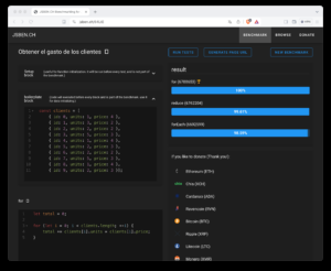 Captura de pantalla de la aplicación jsben para comparar el rendimiento de bloques de código JavaScript con un ejemplo