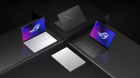Four 2024 Zephyrus G16 laptops, with two each in Eclipse Gray and Platinum White, sitting on blocks of different heights, with their laptop lids