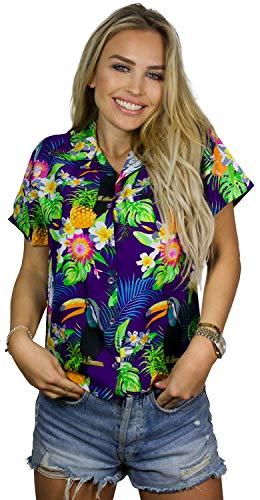 Blusa hawaiana para mujer, Funky Casual con botones, muy ruidosa manga corta loro, cacatúa, Parrot Cockatoo Purple, Medium