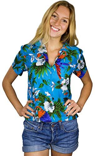 King Kameha Funky - Blusa hawaiana para mujer, manga corta, bolsillo frontal, estampado hawaiano, flores de cerezo, diseño de loro, Loro Cereza Turquesa, XXL