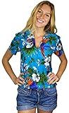 King Kameha Funky - Blusa hawaiana para mujer, manga corta, bolsillo frontal, estampado hawaiano, flores de cerezo, diseño de loro, Loro Cereza Turquesa, XXL