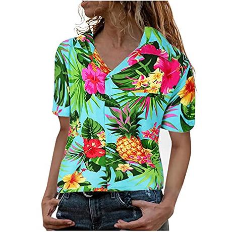 Camisa Hawaiana Funky para Mujer Estampado de Piña y Hojas Floral Blusas Camisa con Bolsillo Adolescentes Niñas Mode Cuello en V Elegante Fiesta T-Shirt Original tee