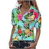 Camisa Hawaiana Funky para Mujer Estampado de Piña y Hojas Floral Blusas Camisa con Bolsillo Adolescentes Niñas Mode Cuello en V Elegante Fiesta T-Shirt Original tee