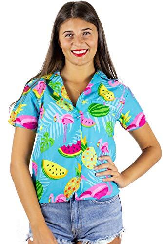 King Kameha Camisa hawaiana de manga corta para mujer, con bolsillo frontal, estampado hawaiano, flamenco, melones, piña, de Funky, turquesa, XS