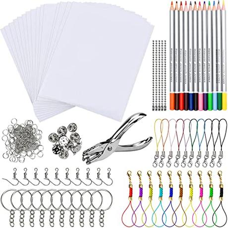 188 Piezas Kit Hojas de Plástico Termocontraíble Plastico Magico Shrink Plastic Incluye 20 Papel de Película Retráctil 12 Lápices de Colores Perforador Llaveros para Niños Manualidades Creativas DIY