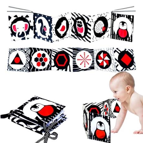 Libro Bebé 0-3 Mese, Montessori Bebe 0 - 6 Meses, Libro Sensorial Bebé, Juguetes Bebes 0-12 Mese, Libros de Tela en Blanco y Negro para Bebe Recien Nacido, Libros Sensorial de Actividade para Bebé