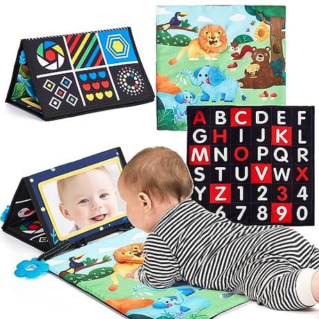 hahaland Espejo Bebe Montessori 0 3 6 Meses, Libro Sensorial Plegable con Alfombra de Juego, Tummy Time Juguetes Montessori Bebe 0 a 6 Meses Regalo Bebe Recien Nacido