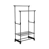 THINIA HOME Perchero Burro de Pie con Ruedas Doble Barra con Zapatero y Estante Plateado Clado Perchero Industrial | Perchero para Tiendas de Ropa, Vestidor, Recibidor, Dormitorio | 77x39x157cm