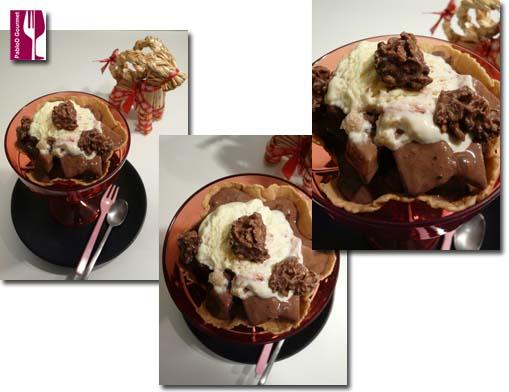 Helado de chocolate, melón con snaxs y vainilla.