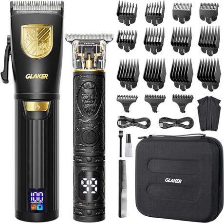 GLAKER Cortapelos Hombre Profesional, Recargable Maquina de Cortar Pelo Hombre,Maquina Cortar de Pelo y recortadora Barba con Pantalla LED 15 Peines Guía