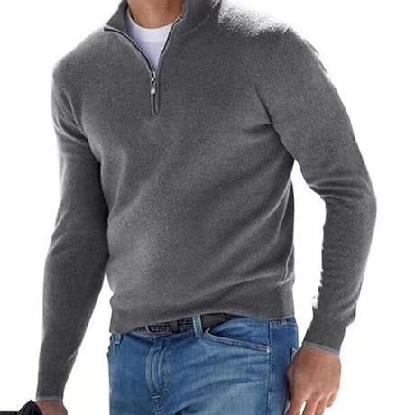 Fiarenery - Suéter de cuello medio abierto con cremallera para hombre, suéter ajustado de cuello alto tipo polo de estilo casual, gris, L