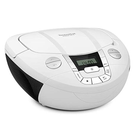 TechniSat VIOLA CD-1 - Reproductor de CD estéreo portátil, Boombox con asa de transporte (Radio CD para niños, radio FM, recepción Bluetooth, 2 W, funcionamiento con red y batería) blanco
