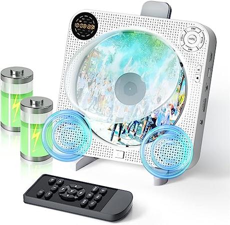 Reproductor CD Bluetooth, Reproductor de CD portátil Recargable para Montaje en Pared con Altavoces HiFi, Discman CD portatil con Mando a Distancia, Radio FM Cubierta Antipolvo Pantalla LED