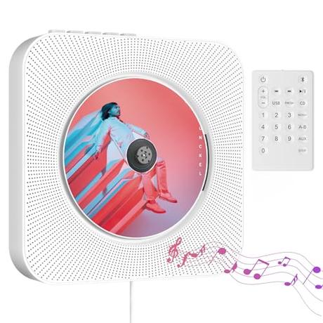 Reproductor de CD Bluetooth con Altavoz Hi-Fi,Reproductor de CD montable en la Pared para el hogar Radio FM/USB/Conector de Auriculares Entrada AUX con Mando a Distancia