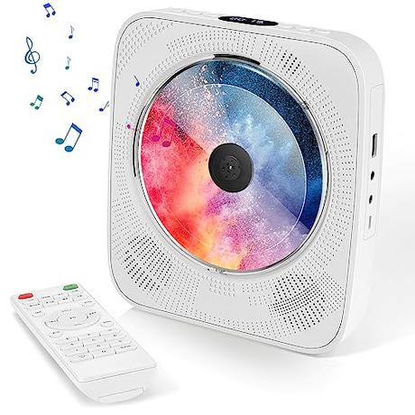 Reproductor de CD portátil con función Bluetooth, Altavoces Hi-Fi en el Interior, Toma AUX para Auriculares, Sistema de Audio Externo, reproducción USB, Radio FM, Mando a Distancia y Soporte