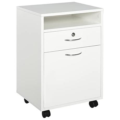 HOMCOM Cajonera para Oficina con 4 Ruedas 2 Frenos Cajón Cerradura Estante Abierto y Armario Estudio Habitación 40x35x60cm Máximo 25kg Blanco