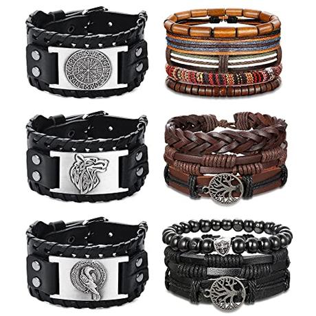 Adramata 14Pcs Pulsera Hombre Cuero Vintage Brazalete Vikingo Lobo arbol de la Vida Celtic Pulsera Ajustable Pulsera Cuero Hombre Mujer