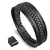 flintronic® Pulsera Hombre, Brazalete Cuero Trenzado Cruzada, Acero Inoxidable con Cierre Magnético - Negro