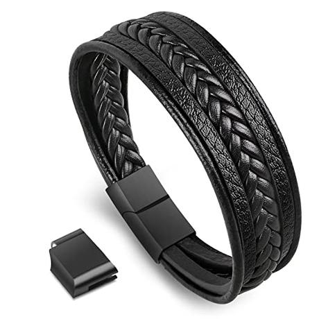 flintronic® Pulsera Hombre, Brazalete Cuero Trenzado Cruzada, Acero Inoxidable con Cierre Magnético - Negro