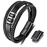 Pulsera Hombre de piel para negro - Brazalete Hombre correa de cuero auténtico trenzado, pulsera enrollable ancha con cierre magnético, 22.5centimeters, Cuero