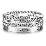 JeweBella 3 Piezas Pulsera Brazalete Homrbe Plata/Dorado/Negro Acero Inoxidable Lujo Pulsera Número Romano Pulsera Brazalete Abierto Ajustable Conjunto