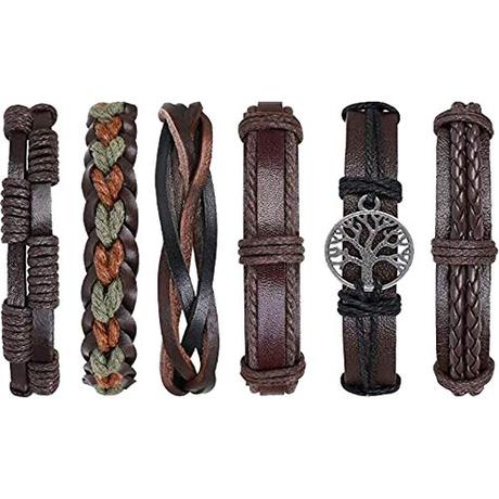 flintronic® Pulsera Hombre, 6 Piezas Personalidad Retro Tejida de Traje de Cuero Multicapa, Moda Brazalete Trenzado Roccia Punk, Ajustable (#3 Serie)