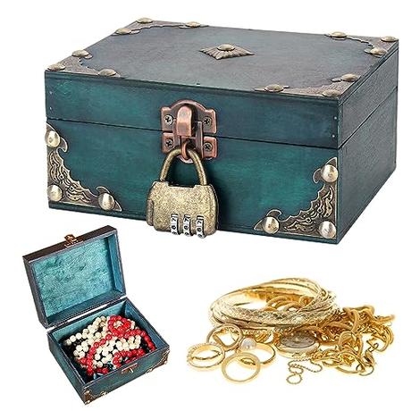 FENGQ Cofre del tesoro de madera vintage con cerradura, cofre del tesoro pirata con tapa, mini cofre del tesoro de madera para guardar y decorar, regalo infantil, 15 x 12 x 7 cm
