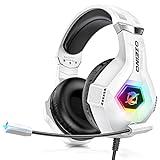 Cascos Gaming con Micrófono Suave, Luz RGB, Sonido Envolvente Claro, Orejeras Ligero Cómodo Ajustable, Auriculares Gaming Blanco para PS5 PS4 PC Xbox One/X/S Switch Tableta
