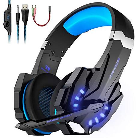 LESHP - Auriculares para gamer G9000 con cable para PC, PS4, portátil, tableta y móvil - Con micrófono, audio estéreo, luz led y antirruido Noir+Bleu