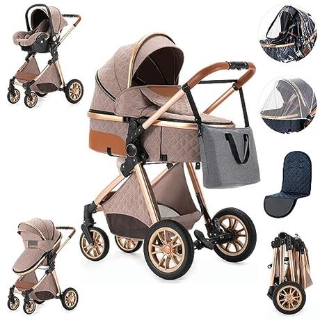 Zkiprm Carrito Bebe 3 en 1, Carrito Bebe Portátil Plegable con Un Clic, Carro Bebe 3 Piezas con Silla de Auto y Capazo Giratorio, Mayor Calidad Alto Marco de Aluminio Conjunto Paisaje Carrito de Bebe