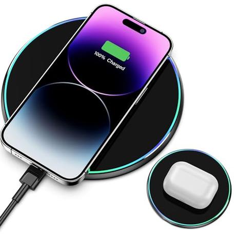 Cargador Inalámbrico, Wireless Charger Cargador iPhone Inalambrico para iPhone 15/14/13/12/11/8/Pro MAX/Mini/XR/X/Plus, Samsung Galaxy S22/S21/S20/S10, AirPods, Huawei, Xiaomi