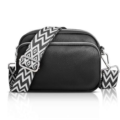 TOMEEK Bolsos Bandolera Mujer Piel Bolso Mujer Pequeño Multifunción con 3 Cremalleras Compartimentos Grandes con Larga Desmontable Ajustable Correa de Hombro(Negro,Talla única)