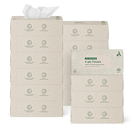 Amazon Aware 4 capas Pañuelos faciales, fabricados con papel 100% reciclado, 1500 Unidad, 15 Paquetes de 100 cada