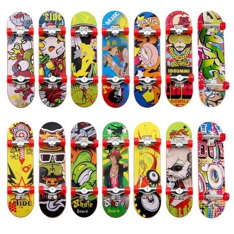 ZOCONE 14 Piezas Finger Skate, Mini Skate de Dedos Fingerboard Profesional de Aleación Finger Skateboards de Dibujos Animados Monopatín de Dedos Skateboards Juguete, Diapasón Mini Juegos para Niños