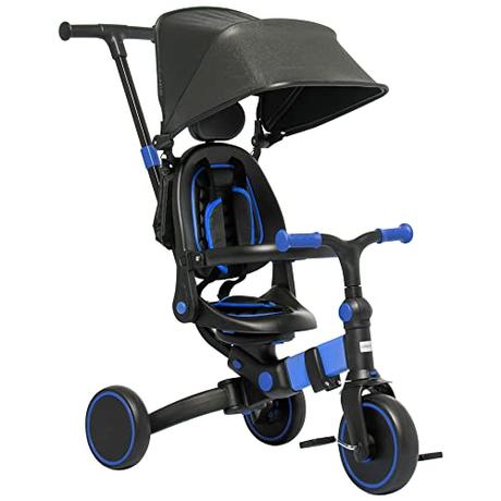 AIYAPLAY 3 en 1 Triciclo para Bebés Triciclo Evolutivo para Niños de +18 Meses Carga 25 kg con Capota Plegable Mango de Empuje Telescópico y Desmontable Marco de Aluminio 96,5x49x101 cm Azul
