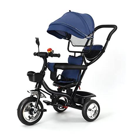 MAYMA 4 en 1 Triciclo Bebé con Asiento Reversible Triciclo Evolutivo,con Capota Plegable Mango de Empuje Telescópico y Barra Extraíble (Azul)