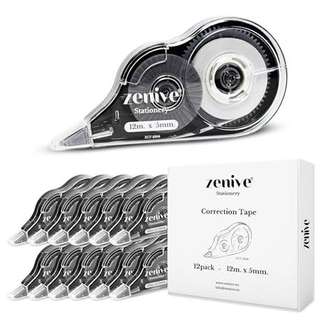 Zenive - Cinta Correctora (Pack 12 unidades) 12 metros x 5mm - Corrector Escritura Ideal para Oficina y Escuela, Corrector Blanco de Fácil Aplicación, Corrección instantánea, Cinta Fabricada en PET