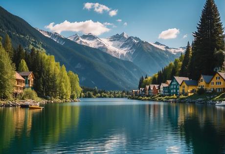 Lush green mountains surround a serene lake, with colorful buildings lining the shore. Snow-capped peaks stand in the distance under a clear blue sky