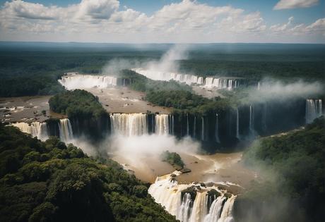 Aerial view of Iguazú Falls surrounded by lush greenery and mist, with tourists admiring the cascading water from viewing platforms