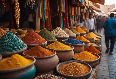 Vibrant market stalls line the narrow streets of Marrakech, with colorful textiles, spices, and ceramics on display. The scent of exotic spices fills the air as locals and tourists mingle in the bustling souks