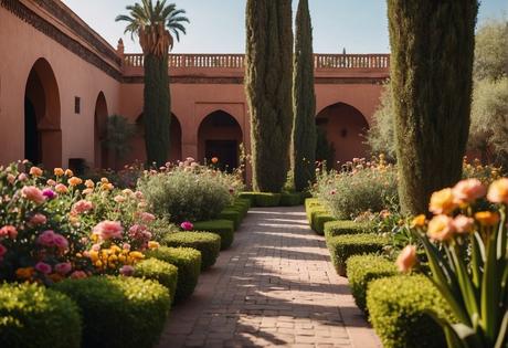 Vibrant gardens and open spaces in Marrakech, filled with colorful flowers, lush greenery, and intricate architectural details