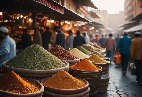 A bustling Marrakech market filled with colorful spices, fresh produce, and local street food vendors