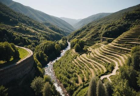 Qué ver en la Ribeira Sacra: Guía de Atracciones Imprescindibles A serene river winds through lush green valleys, flanked by ancient stone monasteries and terraced vineyards in the Ribeira Sacra