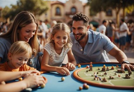 A family playing games and activities at Port Aventura theme park. Excitement and laughter fill the air as they enjoy the attractions together