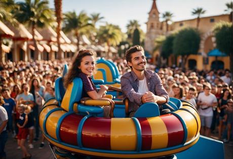 Thrilling rides, colorful parades, and lively shows at Port Aventura. Excited crowds, bright lights, and festive atmosphere