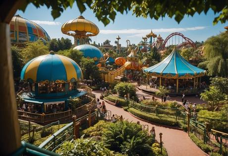 A bustling theme park with colorful rides and attractions, surrounded by lush greenery and blue skies